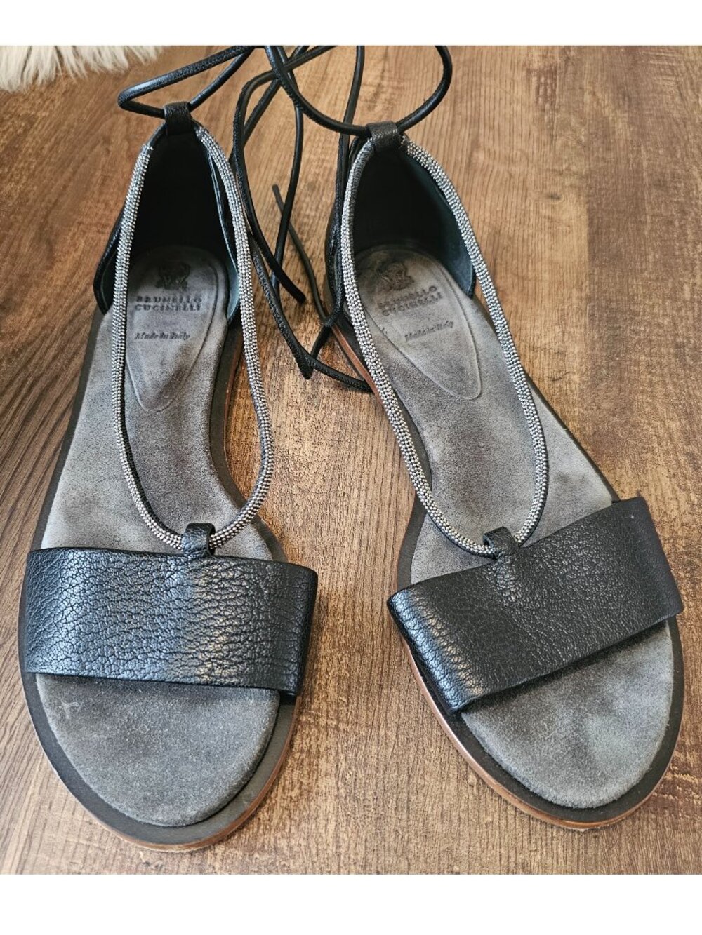 Brunello Cucinelli Monili Beaded Gladiator Ankle Wrap Flat Sandals 38.5 US8.5